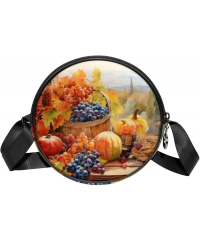 Round Crossbody Purse for Women, Shoulder Bag, autumn pattern grapes and pumpkins $10.46 Crossbody Bags