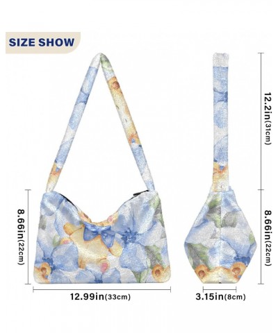 Blue Flowers Teddy Bear Shoulder Tote Bags for Women Furry Crossbody bag Hobo Handbag Purses for Traveling Working Shopping $...