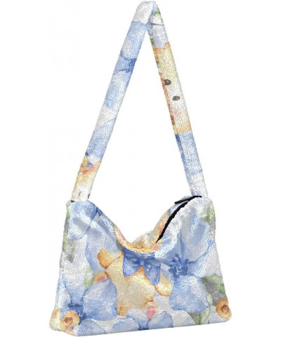 Blue Flowers Teddy Bear Shoulder Tote Bags for Women Furry Crossbody bag Hobo Handbag Purses for Traveling Working Shopping $...