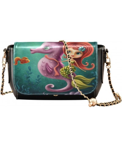 Chain Bag A Cute Mermaid with A Seahorse Small Crossbody Bag PU Leather Shoulder Bag $23.59 Shoulder Bags