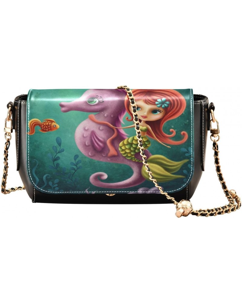 Chain Bag A Cute Mermaid with A Seahorse Small Crossbody Bag PU Leather Shoulder Bag $23.59 Shoulder Bags