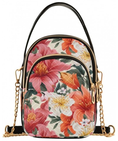 Women Crossbody Handbag Orange Pink White Flower Pattern Quilted Chain Bag $13.00 Crossbody Bags