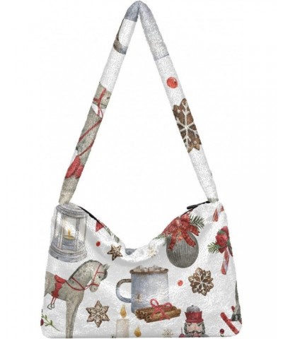 Watercolor Christmas Illustrations Plush Underarm Bag Women's Tote Handbags Fluffy Shoulder Bag for Autumn and Winter $14.39 ...