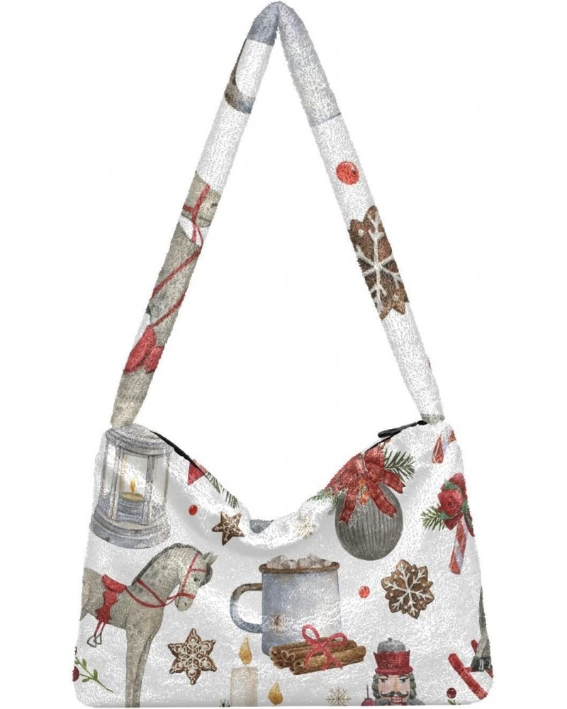 Watercolor Christmas Illustrations Plush Underarm Bag Women's Tote Handbags Fluffy Shoulder Bag for Autumn and Winter $14.39 ...