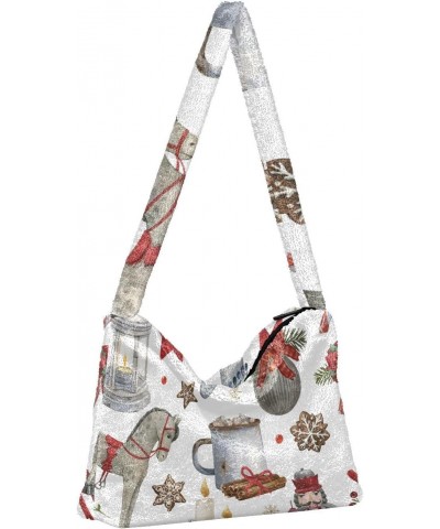 Watercolor Christmas Illustrations Plush Underarm Bag Women's Tote Handbags Fluffy Shoulder Bag for Autumn and Winter $14.39 ...