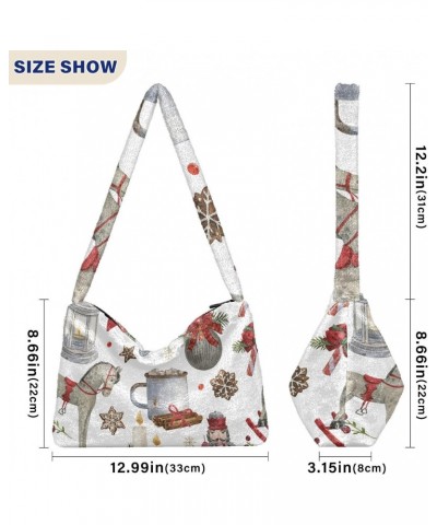 Watercolor Christmas Illustrations Plush Underarm Bag Women's Tote Handbags Fluffy Shoulder Bag for Autumn and Winter $14.39 ...