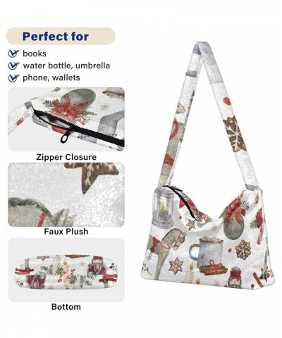 Watercolor Christmas Illustrations Plush Underarm Bag Women's Tote Handbags Fluffy Shoulder Bag for Autumn and Winter $14.39 ...