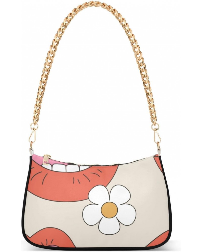 Zip Shoulder Bag for Women Lips Flowers Chain Handbags Womens Tote Satchel Bags $12.90 Satchels