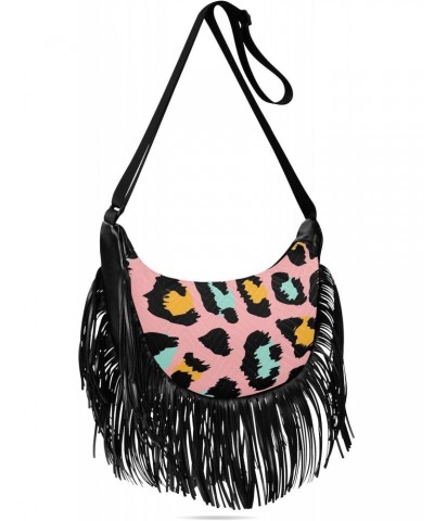 Tassel Crossbody Bag Leopard Spots Cute Colorful Women Fringe Boho Handbag Hippie Purse Vintage Bohemian Shoulder Bag '70s Da...