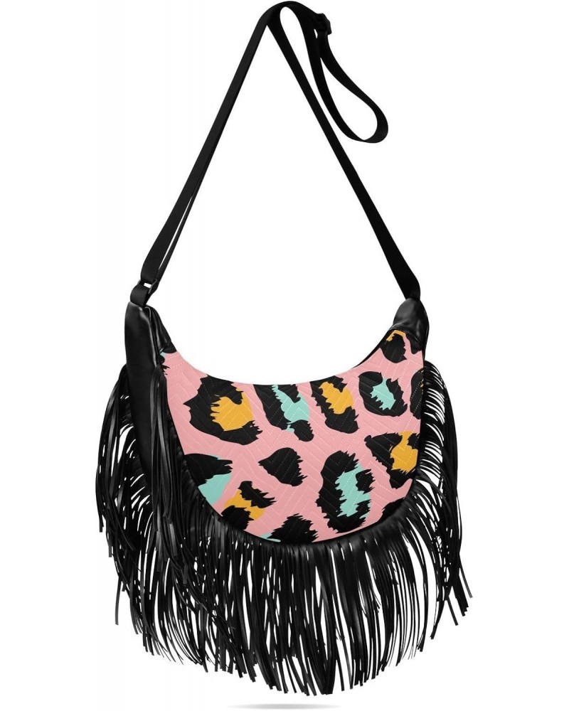 Tassel Crossbody Bag Leopard Spots Cute Colorful Women Fringe Boho Handbag Hippie Purse Vintage Bohemian Shoulder Bag '70s Da...