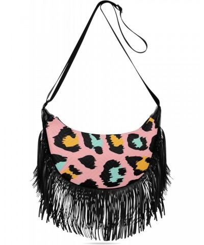 Tassel Crossbody Bag Leopard Spots Cute Colorful Women Fringe Boho Handbag Hippie Purse Vintage Bohemian Shoulder Bag '70s Da...