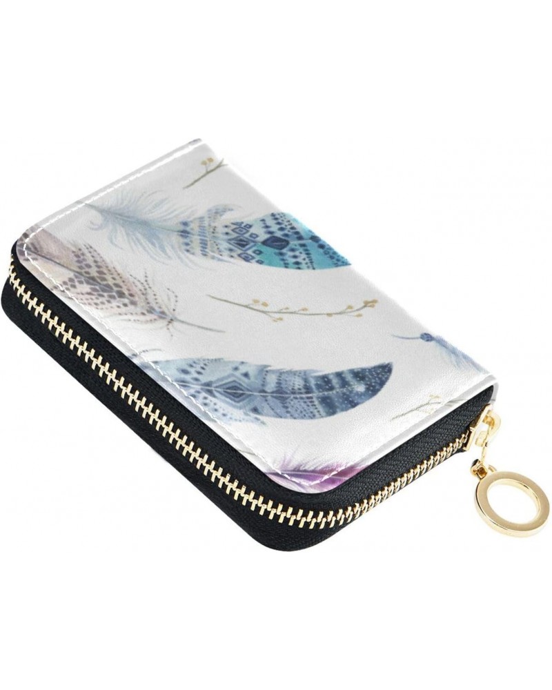 Watercolor Feathers Small Card Wallets Girls Riskfree RFID Wallet Leather Zipper Money Organizers for Work $11.39 Wallets