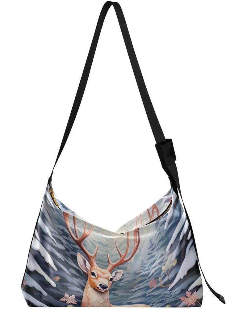 American Football Shoulder Bags Boho Crossbody Bags for Women Women's Shoulder Handbags Leather Tote Bag Deer Trees Snowy Chr...