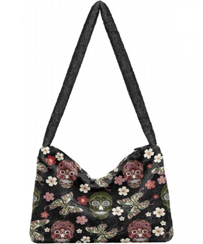 Butterfly Skull Floral Plush Shoulder Bag Furry Tote Handbag Purse Faux Fur Crossbody Bag for Women $12.38 Totes