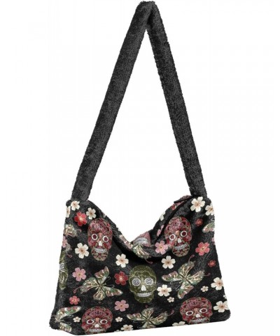 Butterfly Skull Floral Plush Shoulder Bag Furry Tote Handbag Purse Faux Fur Crossbody Bag for Women $12.38 Totes