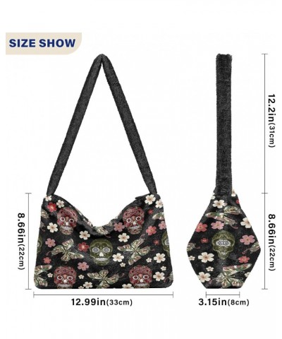 Butterfly Skull Floral Plush Shoulder Bag Furry Tote Handbag Purse Faux Fur Crossbody Bag for Women $12.38 Totes