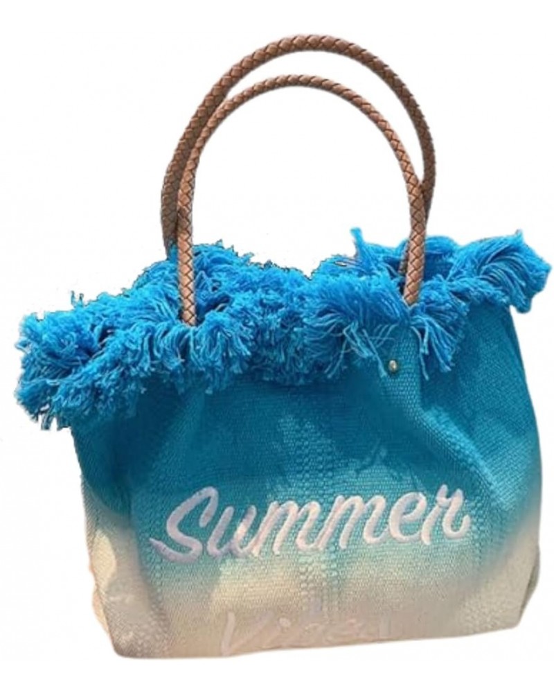 Simple Style Embroidered Letter Tote Bag Trendy Handbag Large-Capacity Female Bag Blue $19.43 Totes