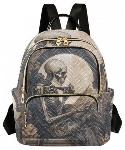 Small Fashion Backpack for Women Skeleton Reading Print Ladies Travel Daypack Aesthetic Shoulder Bag 10.2×5.1×12.5 IN $14.40 ...