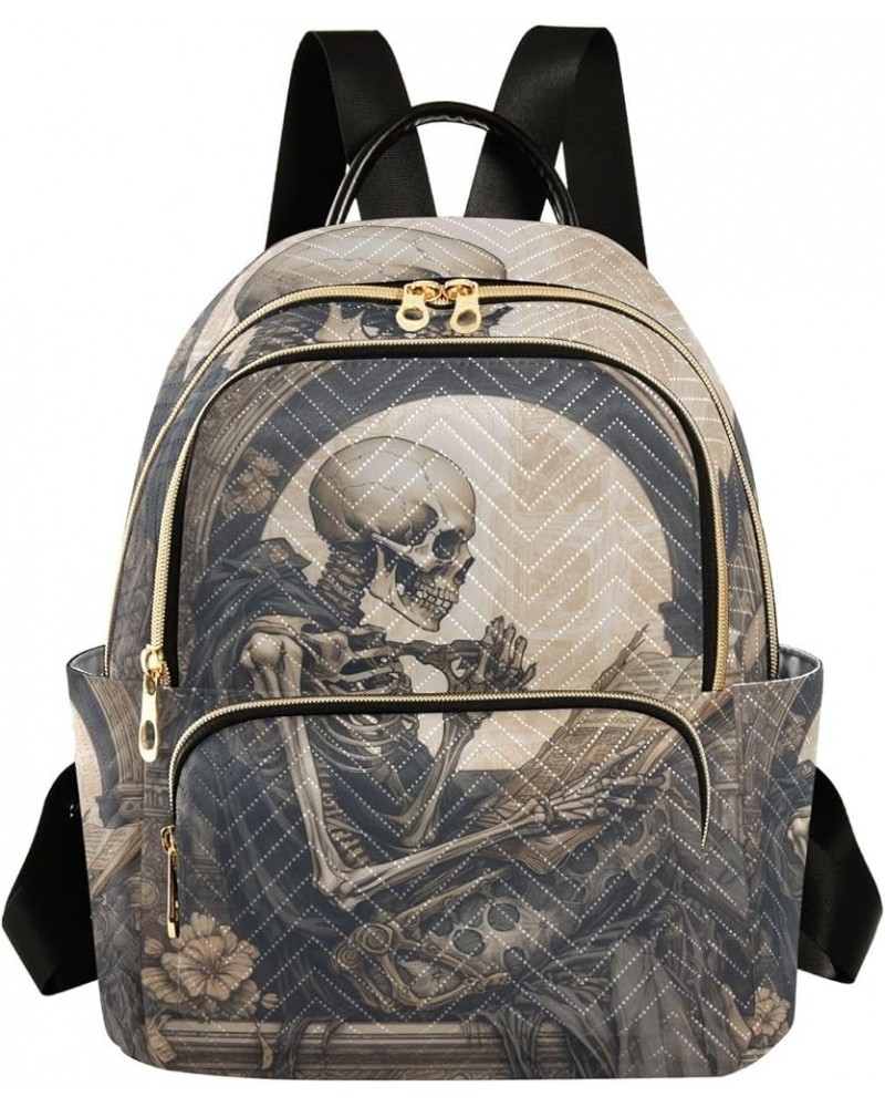 Small Fashion Backpack for Women Skeleton Reading Print Ladies Travel Daypack Aesthetic Shoulder Bag 10.2×5.1×12.5 IN $14.40 ...