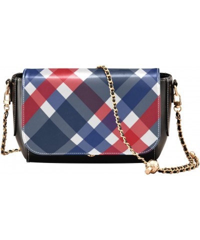 Blue Red Plaid PU Leather Crossbody Handbag for Women Shoulder Purse with Adjustable Metal Chain Waterproof Cell Phone Bag fo...