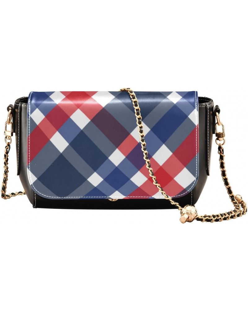 Blue Red Plaid PU Leather Crossbody Handbag for Women Shoulder Purse with Adjustable Metal Chain Waterproof Cell Phone Bag fo...