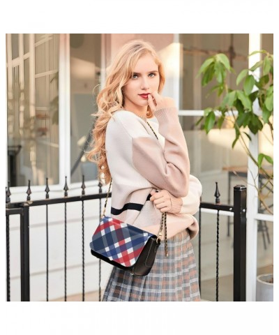 Blue Red Plaid PU Leather Crossbody Handbag for Women Shoulder Purse with Adjustable Metal Chain Waterproof Cell Phone Bag fo...