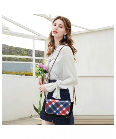 Blue Red Plaid PU Leather Crossbody Handbag for Women Shoulder Purse with Adjustable Metal Chain Waterproof Cell Phone Bag fo...