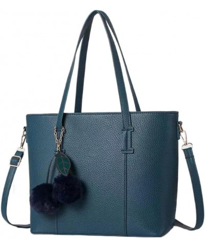 Women Classics Large Leather Top Handle Handbag Casual Shoulder Tote Bags Satchel Fashion Crossbody Purse With Pompon Blue $2...