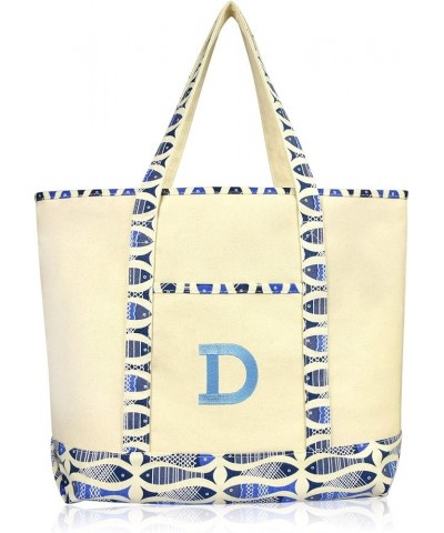 Initial Tote Bag Personalized Monogram Zippered Top Letter - D Blue Antique Fish $13.74 Totes