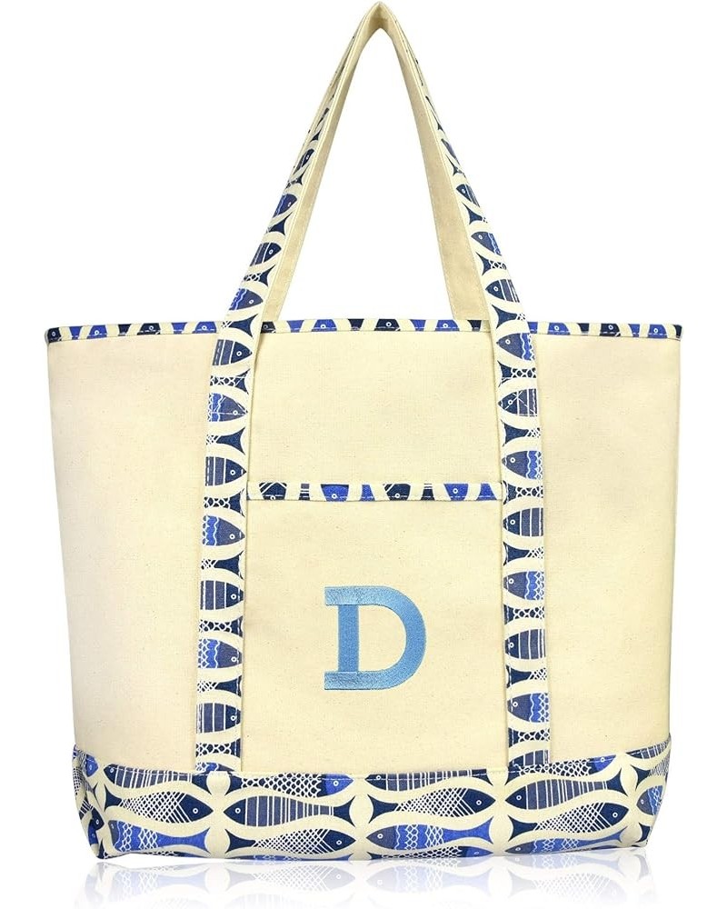 Initial Tote Bag Personalized Monogram Zippered Top Letter - D Blue Antique Fish $13.74 Totes