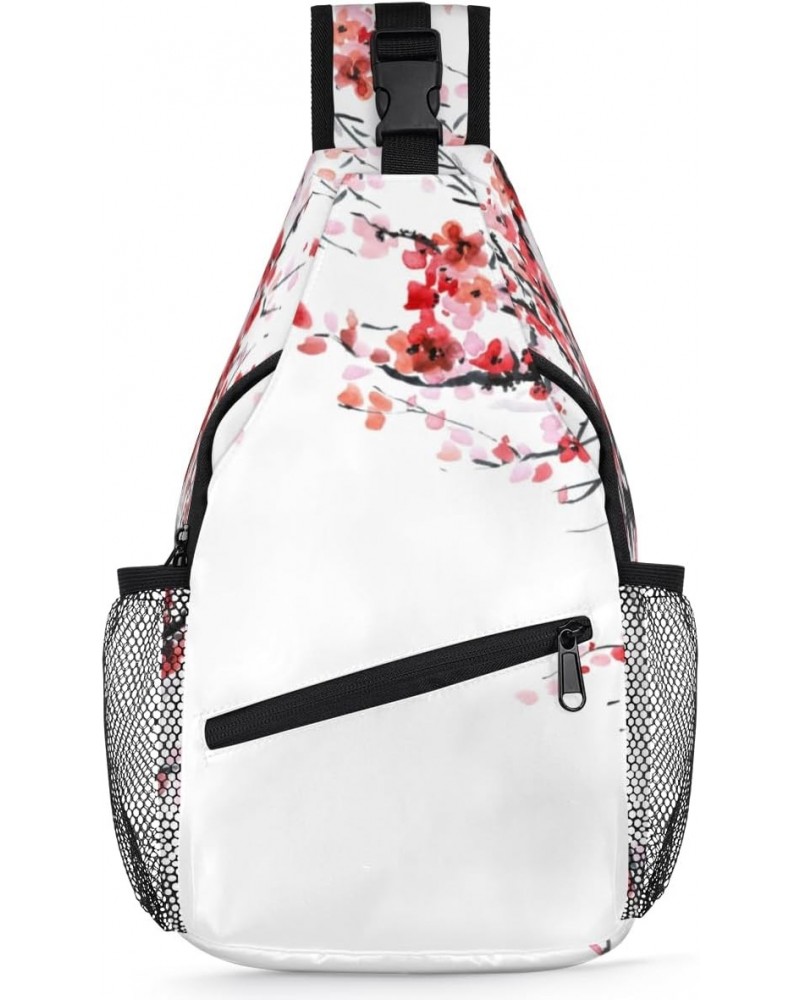 Sling Bag Watercolor Plum Adjustable Sling Backpack Crossbody Shoulder Backpack Anti-theft Rope Chest Shoulder Daypack for Tr...