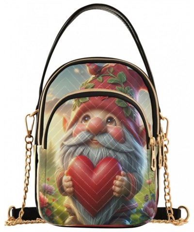 Valentine Gnomes Hold Red Heart Crossbody Bags for Women Quilted Shoulder Bag Handbag with Chain Strap Spring Flower Field Tr...