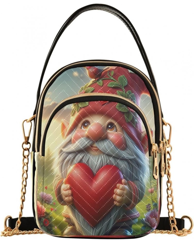 Valentine Gnomes Hold Red Heart Crossbody Bags for Women Quilted Shoulder Bag Handbag with Chain Strap Spring Flower Field Tr...