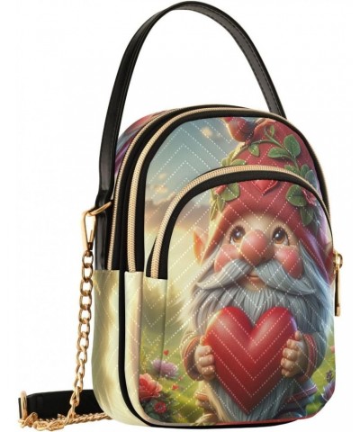 Valentine Gnomes Hold Red Heart Crossbody Bags for Women Quilted Shoulder Bag Handbag with Chain Strap Spring Flower Field Tr...