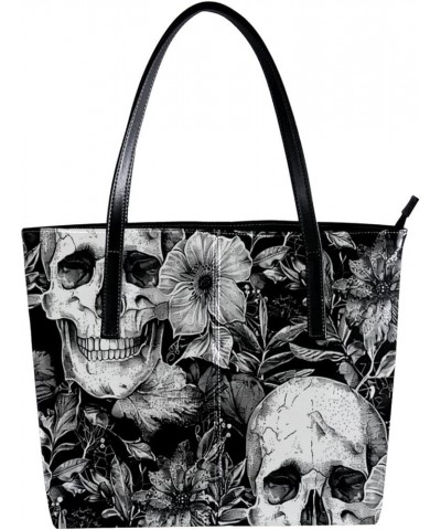 Tote Bag for Women, Vegan Leather Large Tote Bag, Tote Bag with Zipper, Gray Skull Flower Flral Retro, Tote Bag for Work Patt...