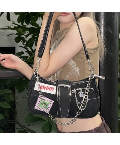 Y2K Black Small Shoulder Bag Goth Bag Grunge Aesthetic Bag Trendy Punk Purse Preppy Accessories (Black) Black $15.39 Shoulder...