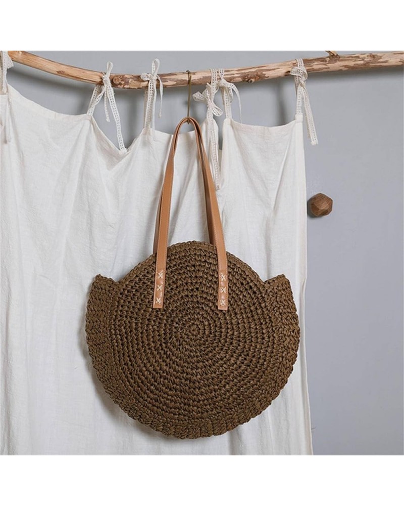 Handmade Straw Beach Shoulder Bag Round Totes Bag Handbag Women Summer Totes Brown $15.64 Totes