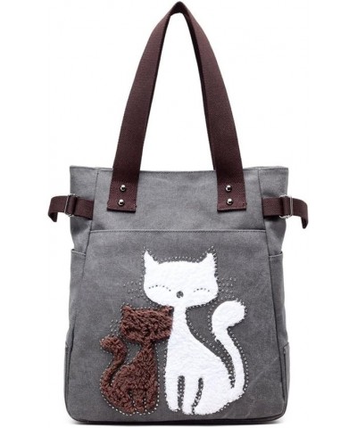 Vintage Women's Canvas Tote Bag Zipper Shoulder Bag Satchel Handbag With Cute Cats Design Purse Grey $17.97 Totes