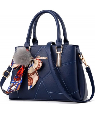 Womens Leather Handbags Purses Top-handle Totes Satchel Shoulder Bag for Ladies With Pompon and Bowknot Navy Blue $17.38 Totes