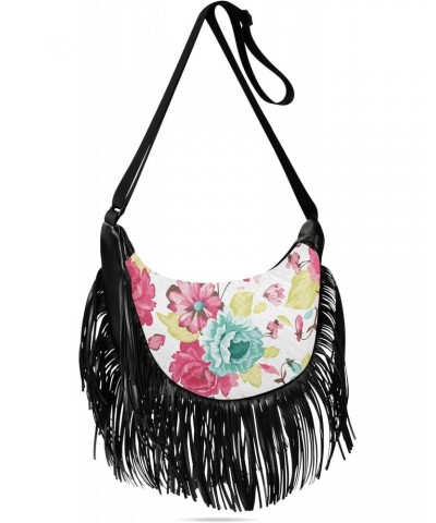 Abstract Elegance Floral Fringe Bag for Women Cross Body Bag Tassel Shoulder Bag Satchel $14.57 Crossbody Bags