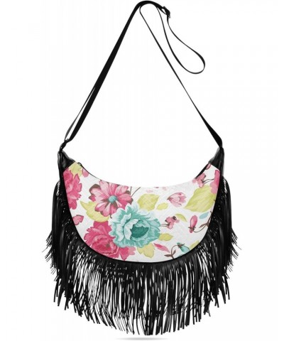 Abstract Elegance Floral Fringe Bag for Women Cross Body Bag Tassel Shoulder Bag Satchel $14.57 Crossbody Bags