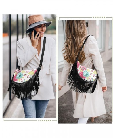 Abstract Elegance Floral Fringe Bag for Women Cross Body Bag Tassel Shoulder Bag Satchel $14.57 Crossbody Bags