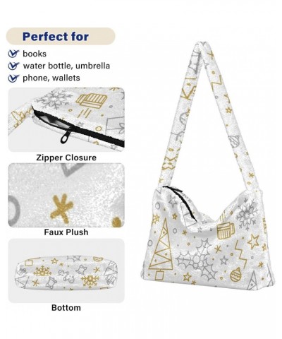 White Background Christmas Elements Plush Underarm Bag Women's Tote Handbags Fluffy Shoulder Bag for Autumn and Winter $13.91...