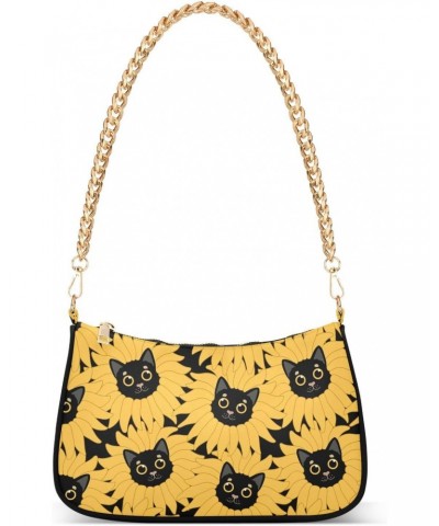 Women Chain Shoulder Purse Bag With Zipper Sunflower Cat Print, Funny Kitten Hobo Tote Clutch Handbags with Chain Strap $17.3...