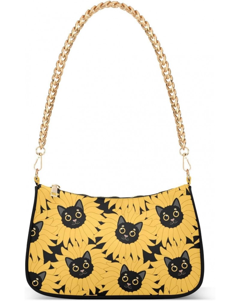 Women Chain Shoulder Purse Bag With Zipper Sunflower Cat Print, Funny Kitten Hobo Tote Clutch Handbags with Chain Strap $17.3...