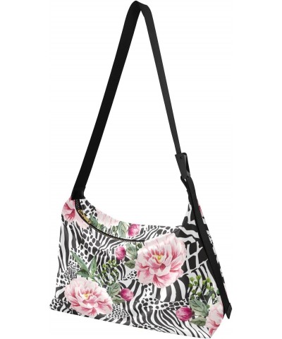 Casual Shoulder Bag Crossbody Pink Rose Pattern Hobo Handbag Purses with Wide Shoulder Strap Zebra Leopard Texture Trendy Lar...