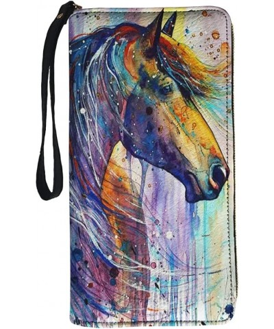 Women's Leather Zip Around Wallet Clutch with Wristlet Strap Large Capacity Long Style Horse $10.25 Wristlets