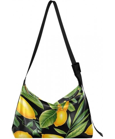 Lemons on a Black Crossbody Large Leather Bag, Leather Crossbody Bag, Women's Crossbody Hobo Bag Lemons and Leaves on Black-4...