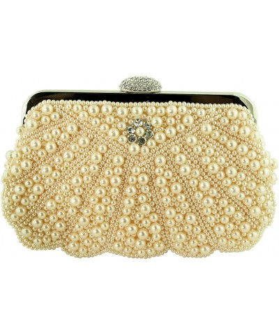 Faux Pearl Beaded Evening Purse Clutch Crystals Wedding Party Handbag with Chain Peach $14.16 Evening Bags