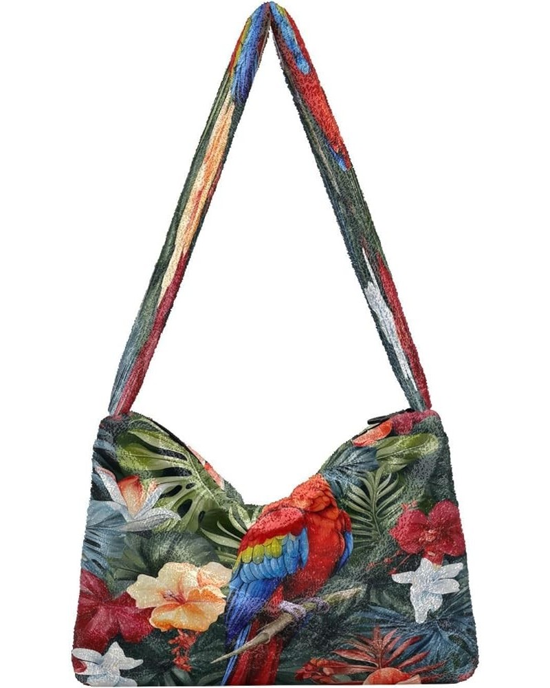 Watercolor Watermelon Plush Underarm Bag, Tote Bag with Zipper Closure, Womens Outdoor Bag Parrots and Tropical Flowers-5 $12...